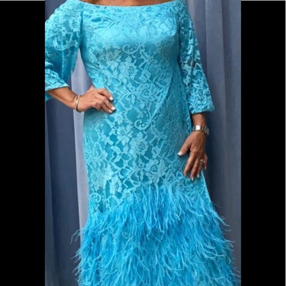 Beautiful dress worn twice off the shoulder  lace with feathers on the bottom